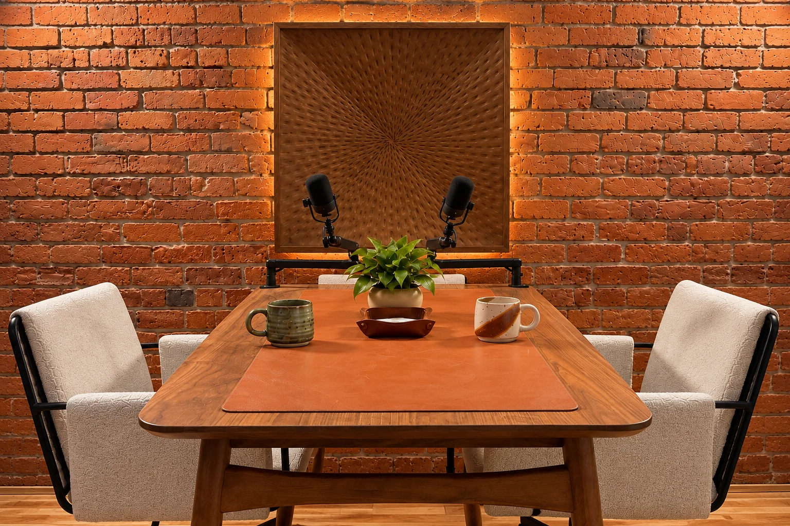 Close view of the One-on-One set with two microphones, cream chairs, and a leather-topped walnut table beneath a carved wood panel