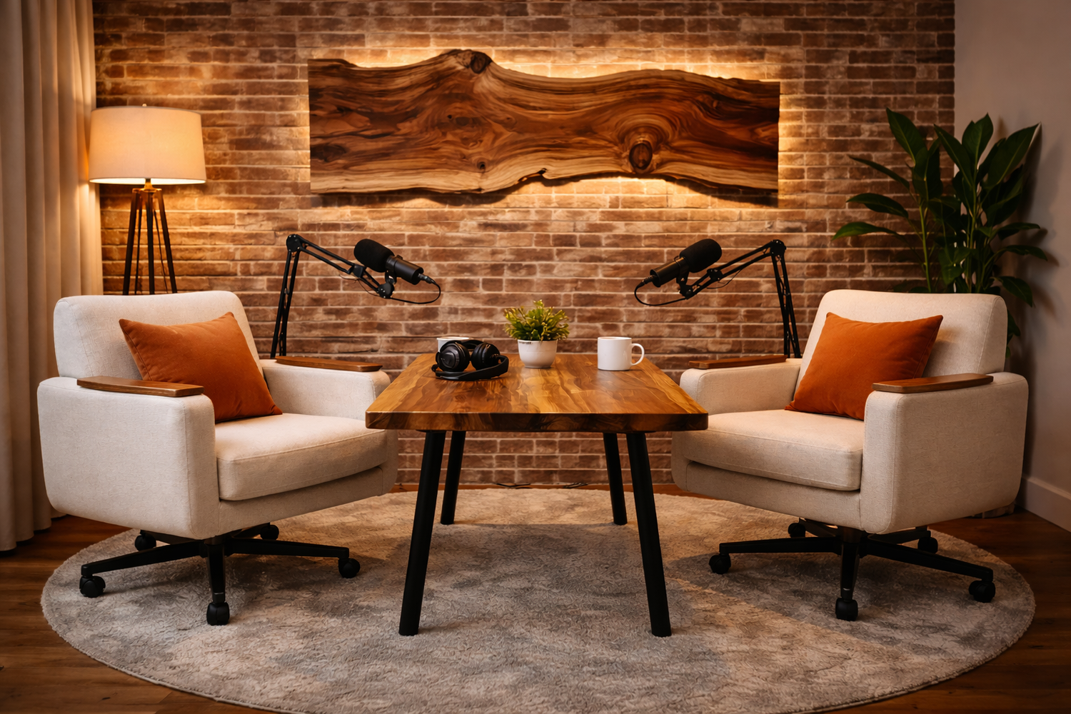 One-on-one podcast set with cream chairs, microphones, warm wood, and brick detail