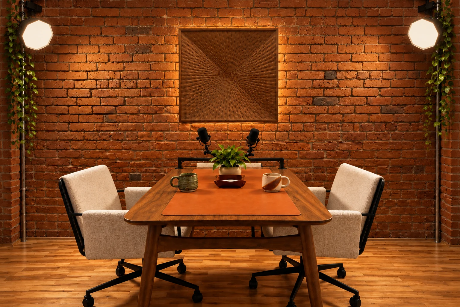 One-on-One set with two cream chairs, a walnut table, microphones, and warm lighting against exposed brick