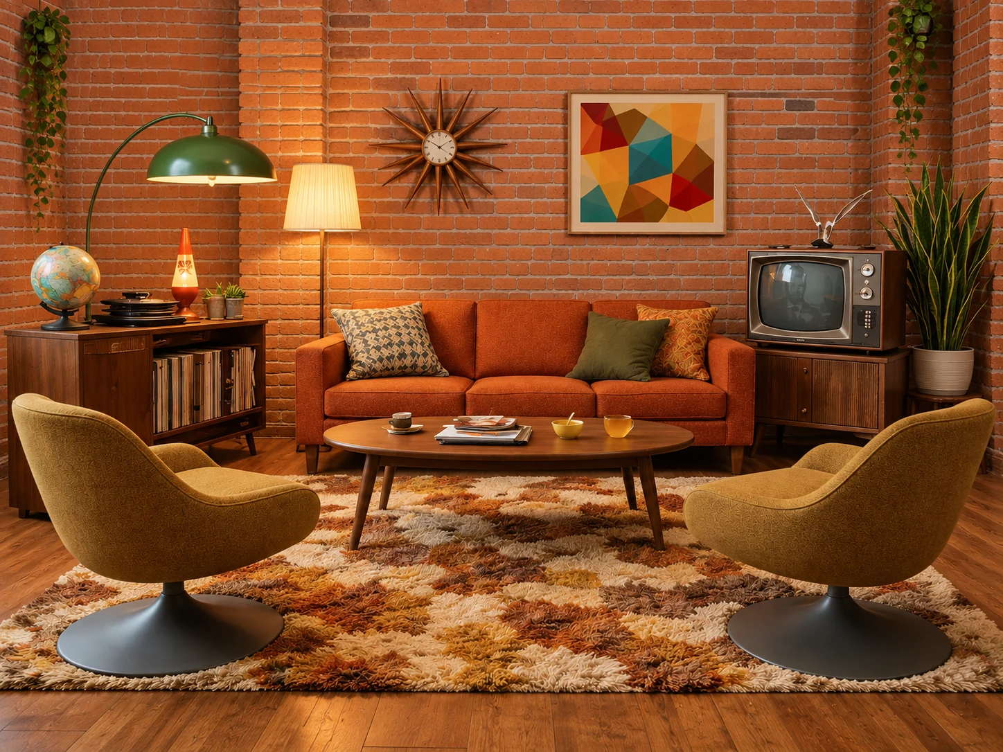 Retro set with a burnt-orange sofa, mustard swivel chairs, a record player, and a vintage television against warm exposed brick