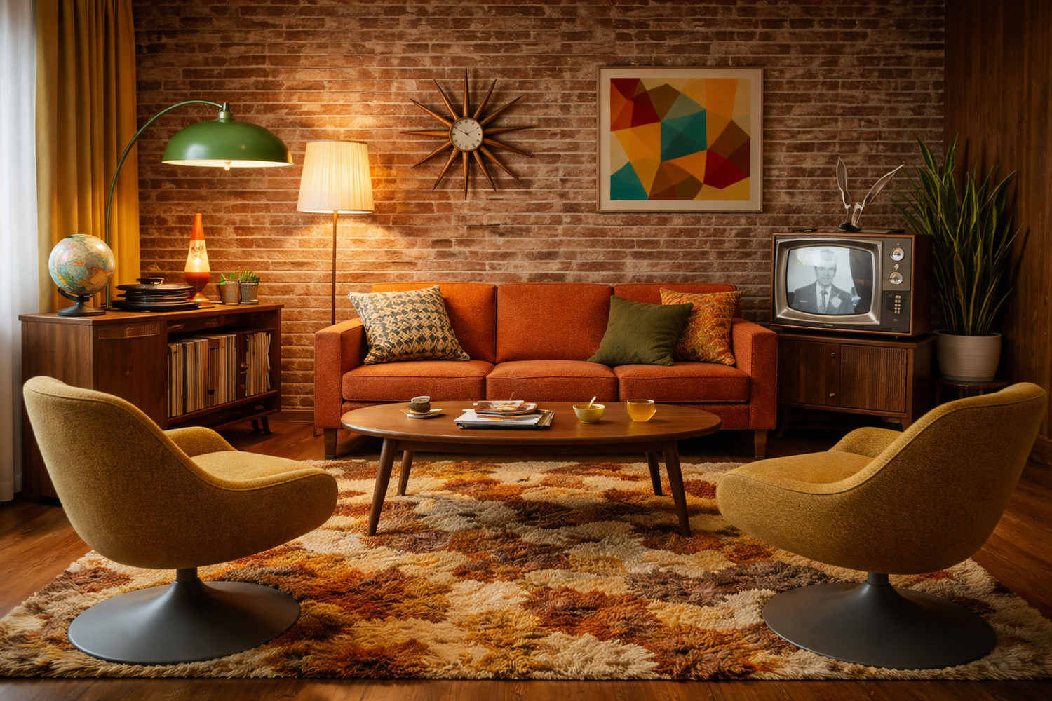 Retro podcast set with orange sofa, lounge chairs, record player, vintage television, and warm lighting